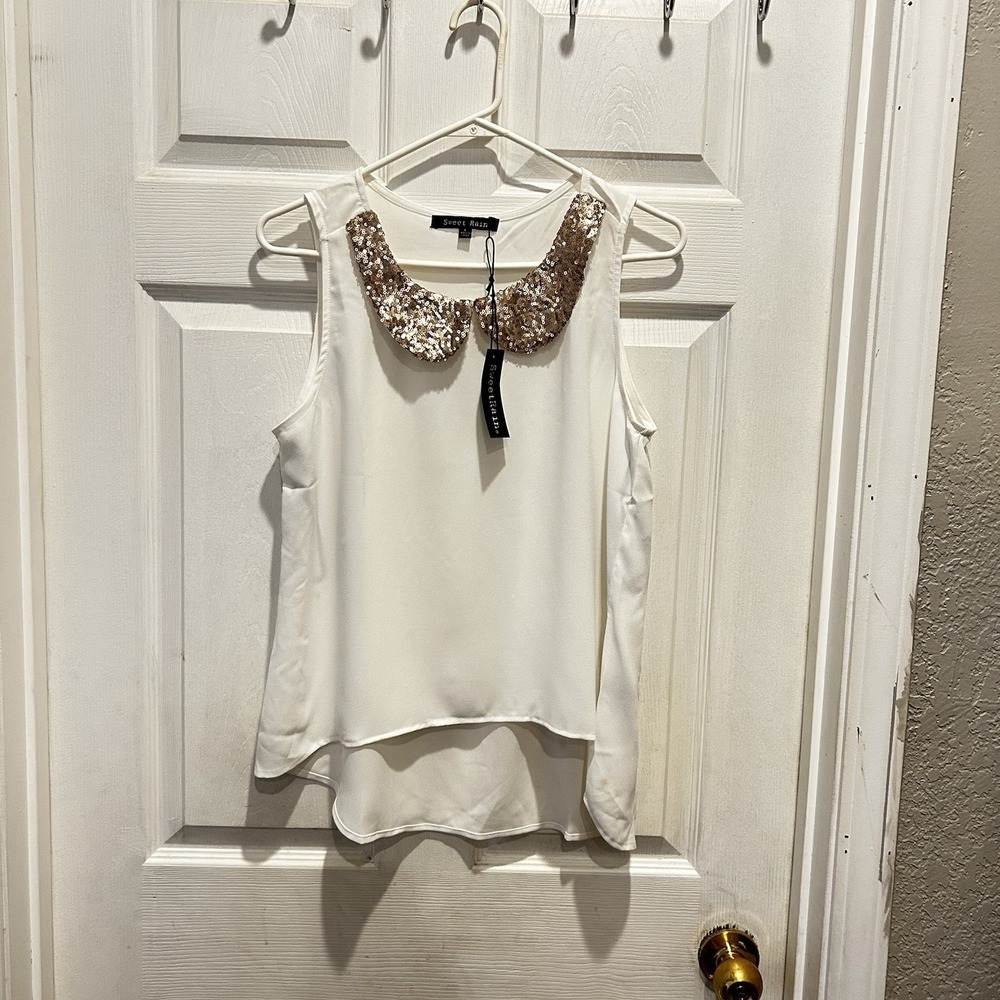 NWT Sweet Rain Womens White Sleeveless Sequin Peter Pan Collar High Low‎ Top L